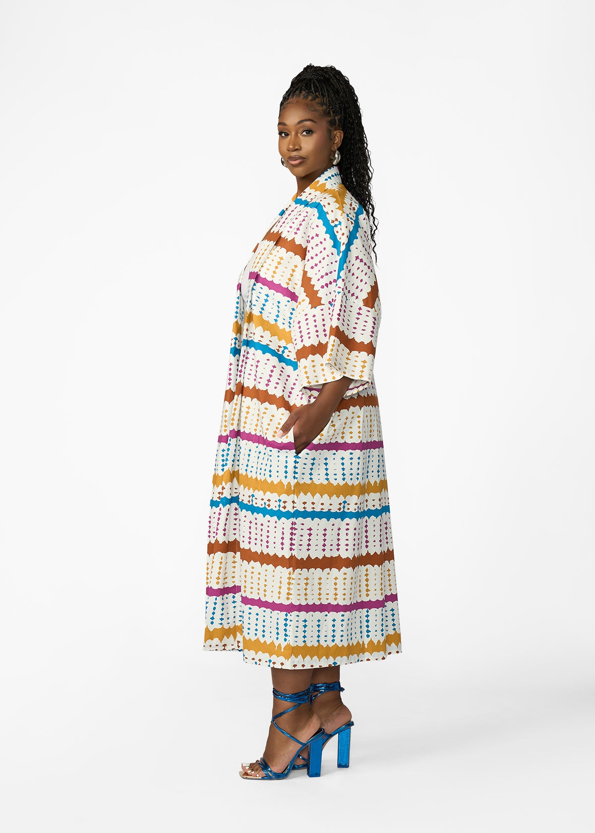 Amina Women's African Print Kimono (White Nautical Adire)