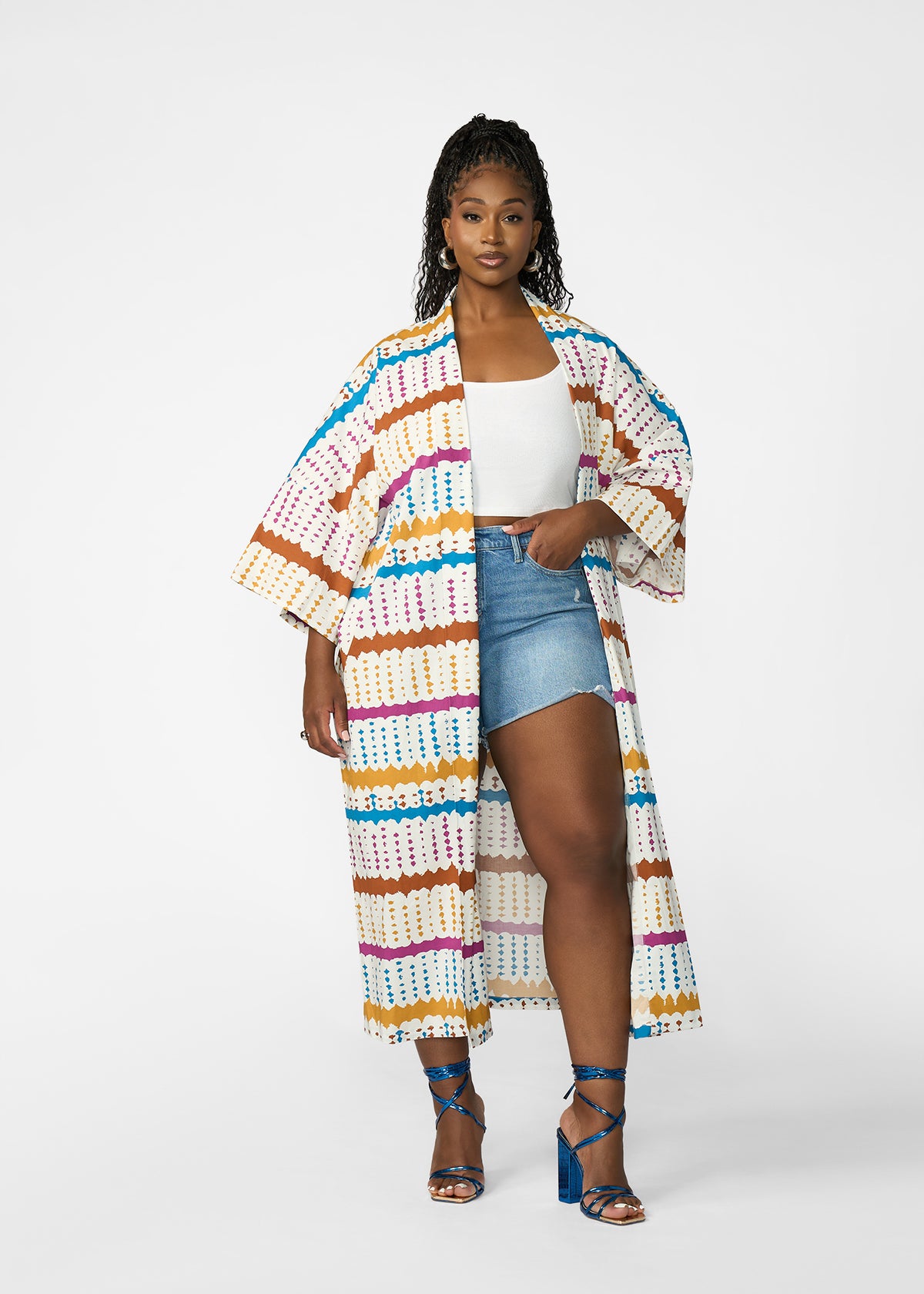 Amina Women's African Print Kimono (White Nautical Adire)