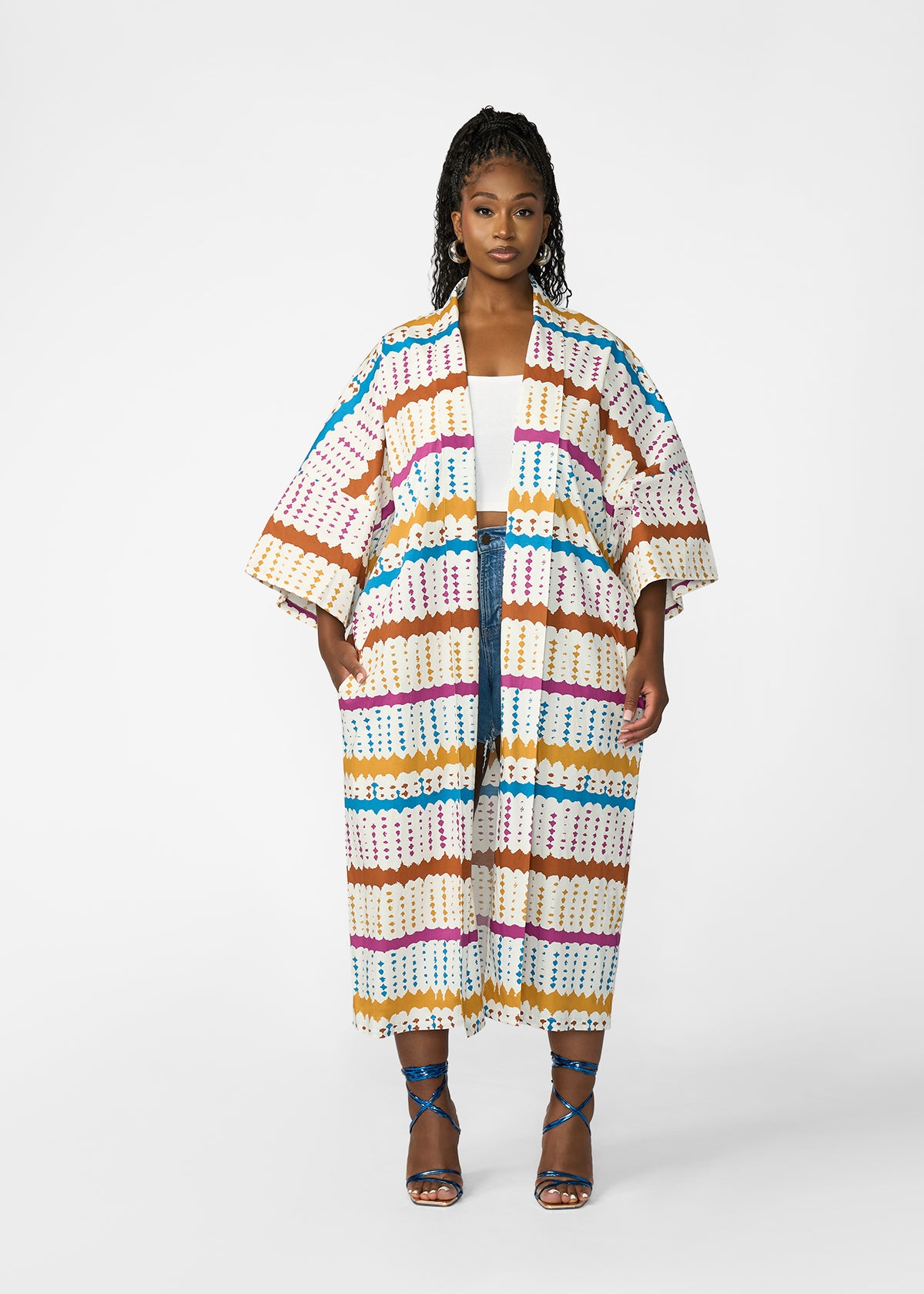Amina Women's African Print Kimono (White Nautical Adire)