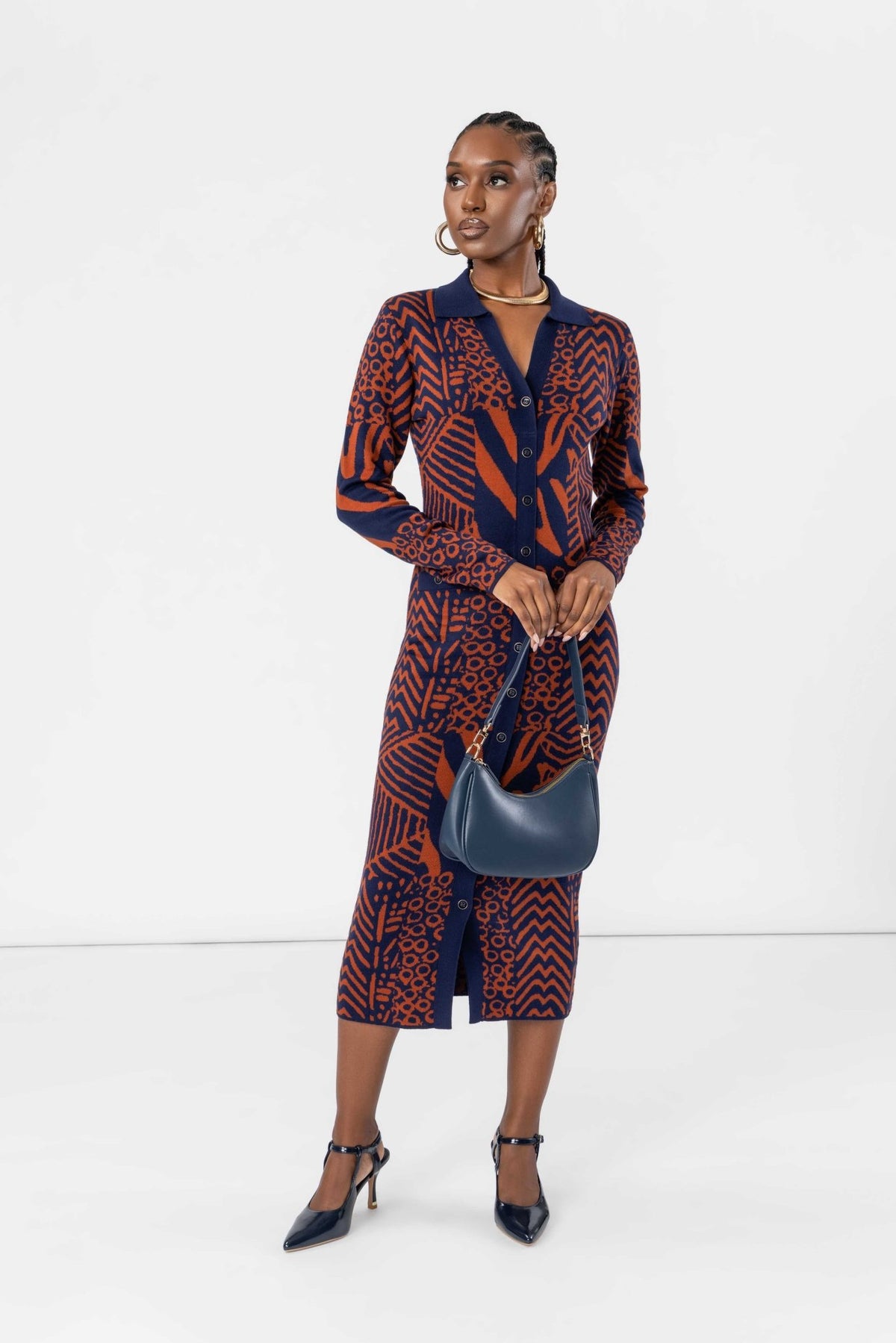 Anele Women's African Print Button-Up Sweater Dress (Rust Navy Multipattern) - D'IYANU