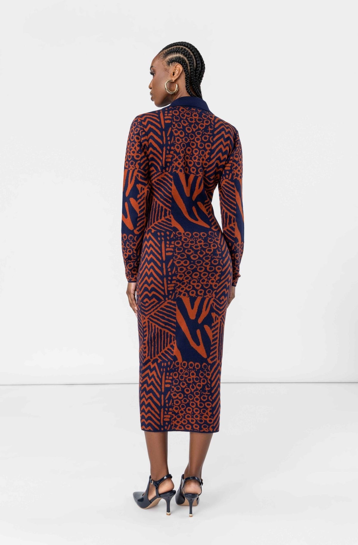Anele Women's African Print Button-Up Sweater Dress (Rust Navy Multipattern) - D'IYANU