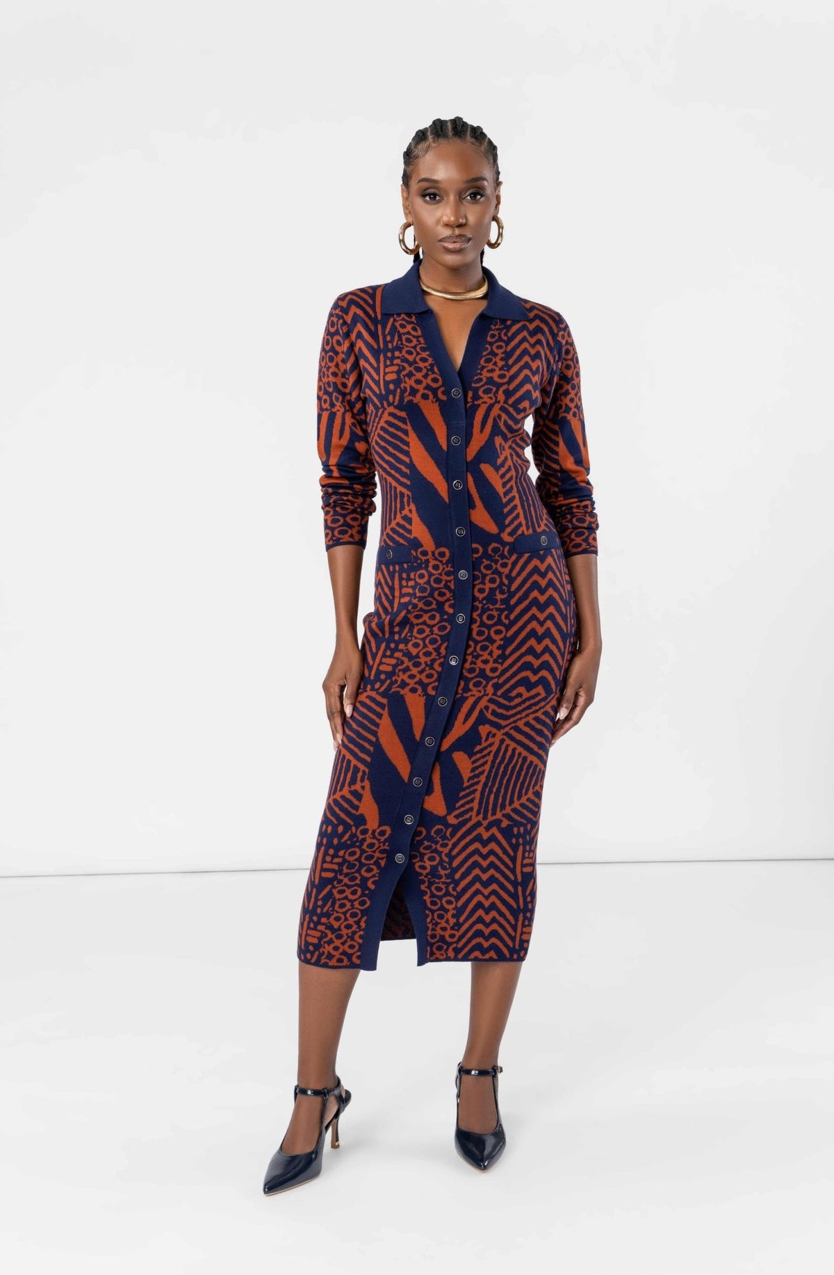 Anele Women's African Print Button-Up Sweater Dress (Rust Navy Multipattern) - D'IYANU