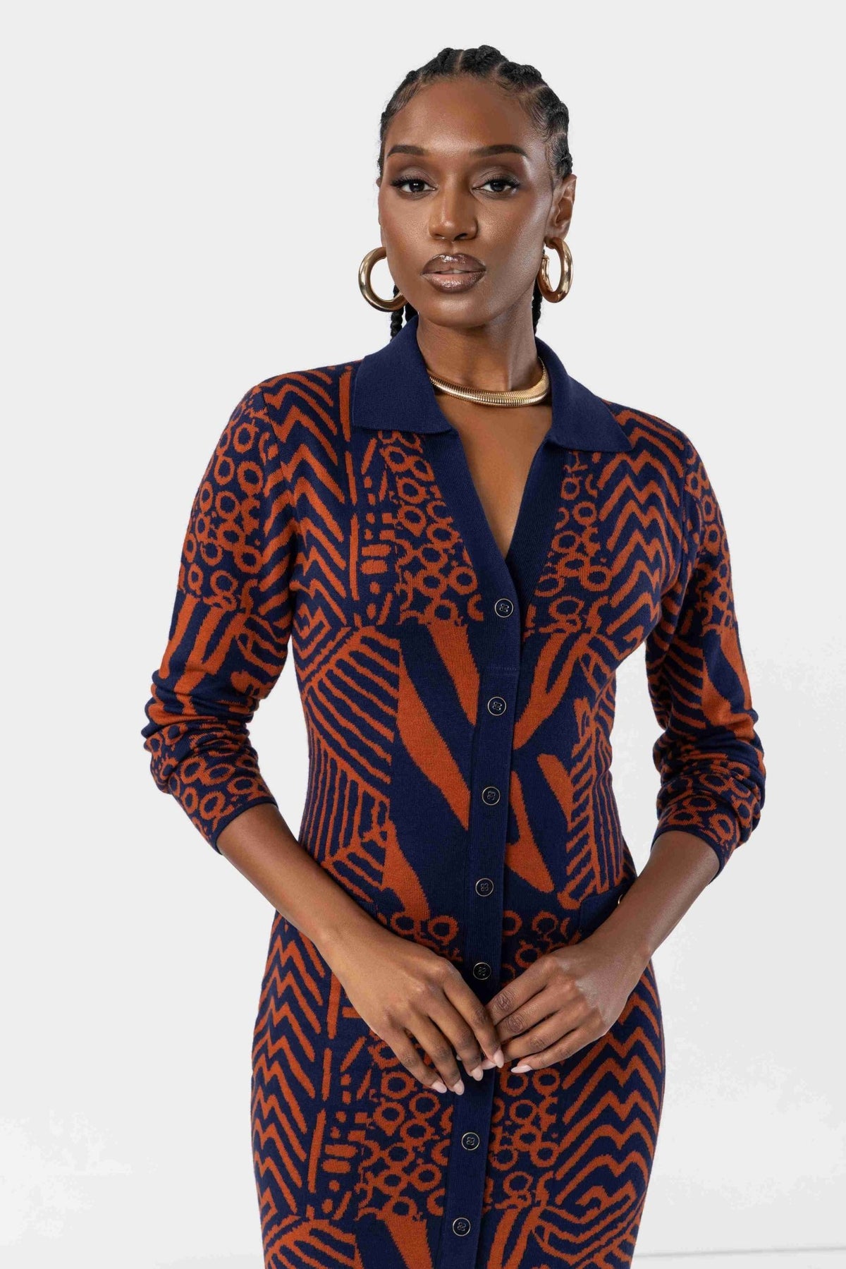 Anele Women's African Print Button-Up Sweater Dress (Rust Navy Multipattern) - D'IYANU