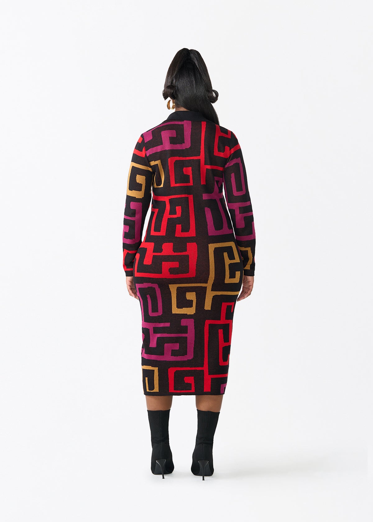 Anele Women's African Print Button-Up Sweater Dress (Black Berry Kuba) - D'IYANU