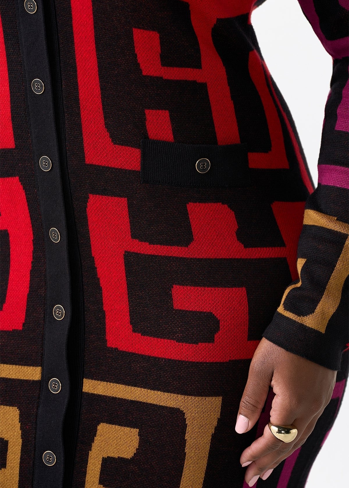 Anele Women's African Print Button-Up Sweater Dress (Black Berry Kuba) - D'IYANU