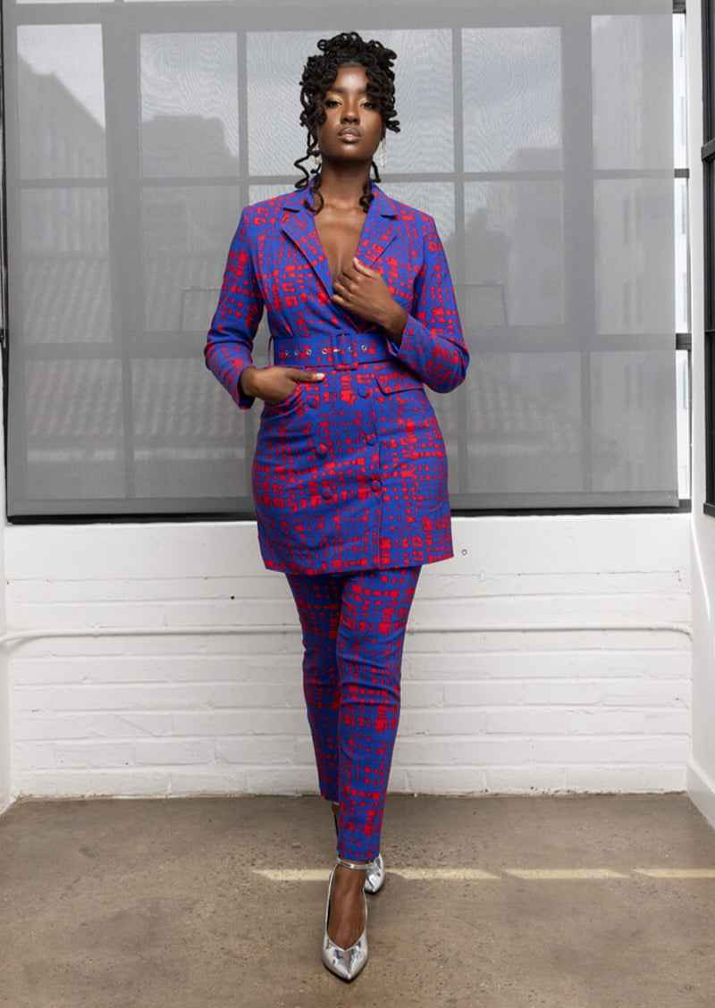 Aniq Women's African Print Stretch Blazer Dress (Red Blue Adire)