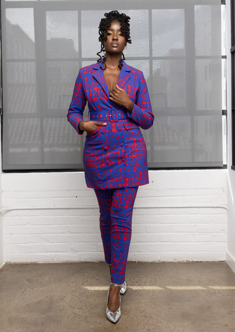 Aniq Women's African Print Stretch Blazer Dress (Red Blue Adire) - Clearance