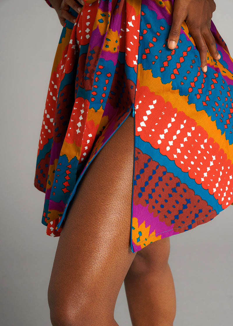 Anola Women's African Print Dress (Orange Teal Adire)
