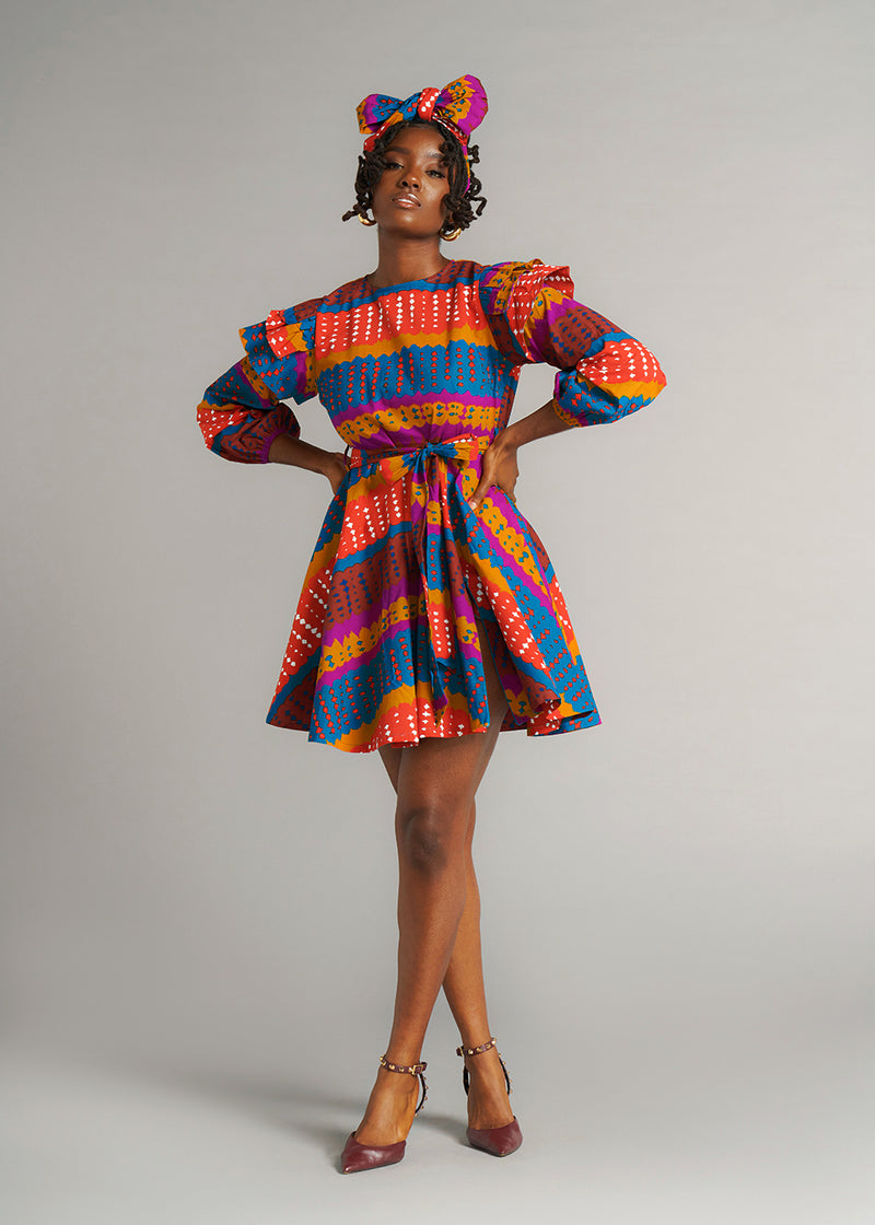 Anola Women's African Print Dress (Orange Teal Adire)