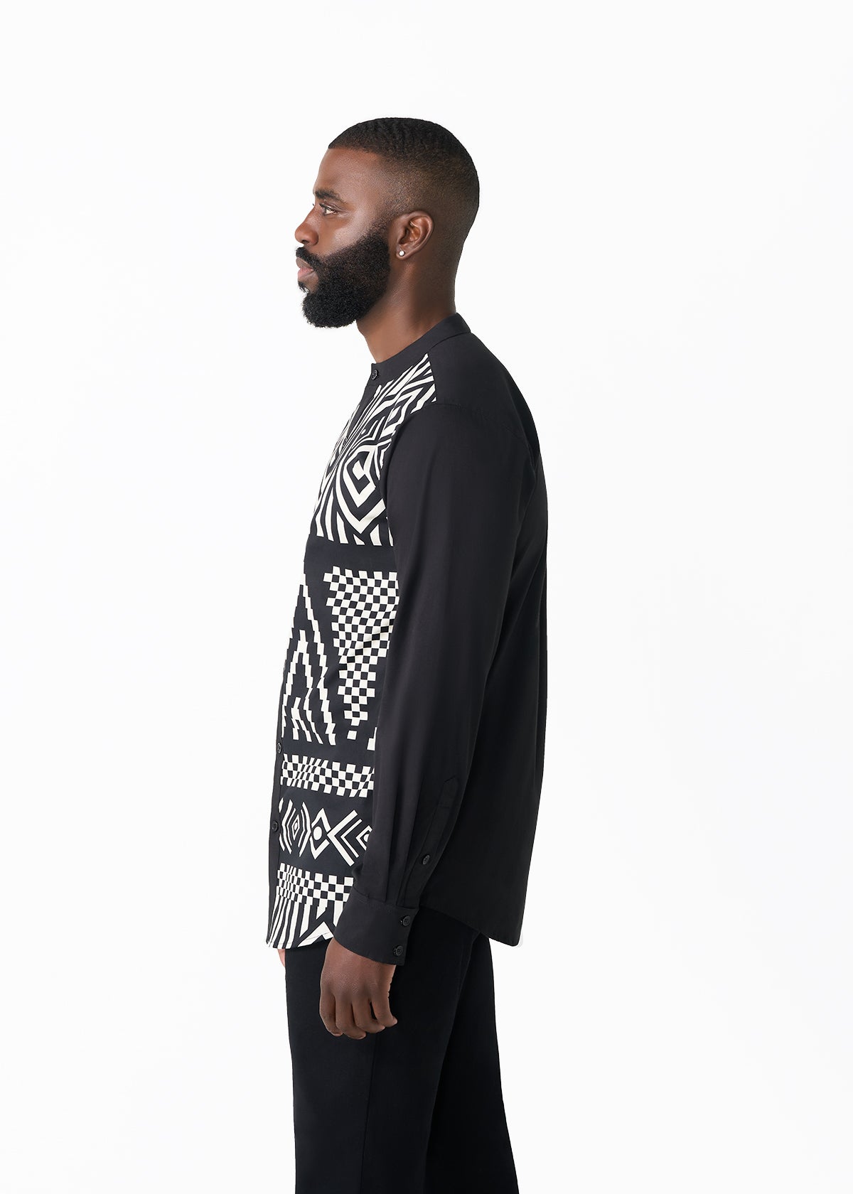 Arno Men's African Print Mandarin Button-up Shirt (Black Cream Tribal)