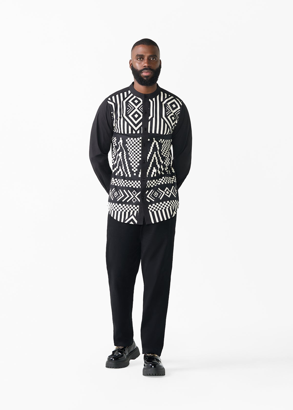 Arno Men's African Print Mandarin Button-up Shirt (Black Cream Tribal)