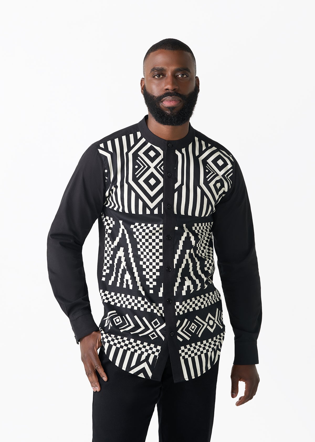 Arno Men's African Print Mandarin Button-up Shirt (Black Cream Tribal)