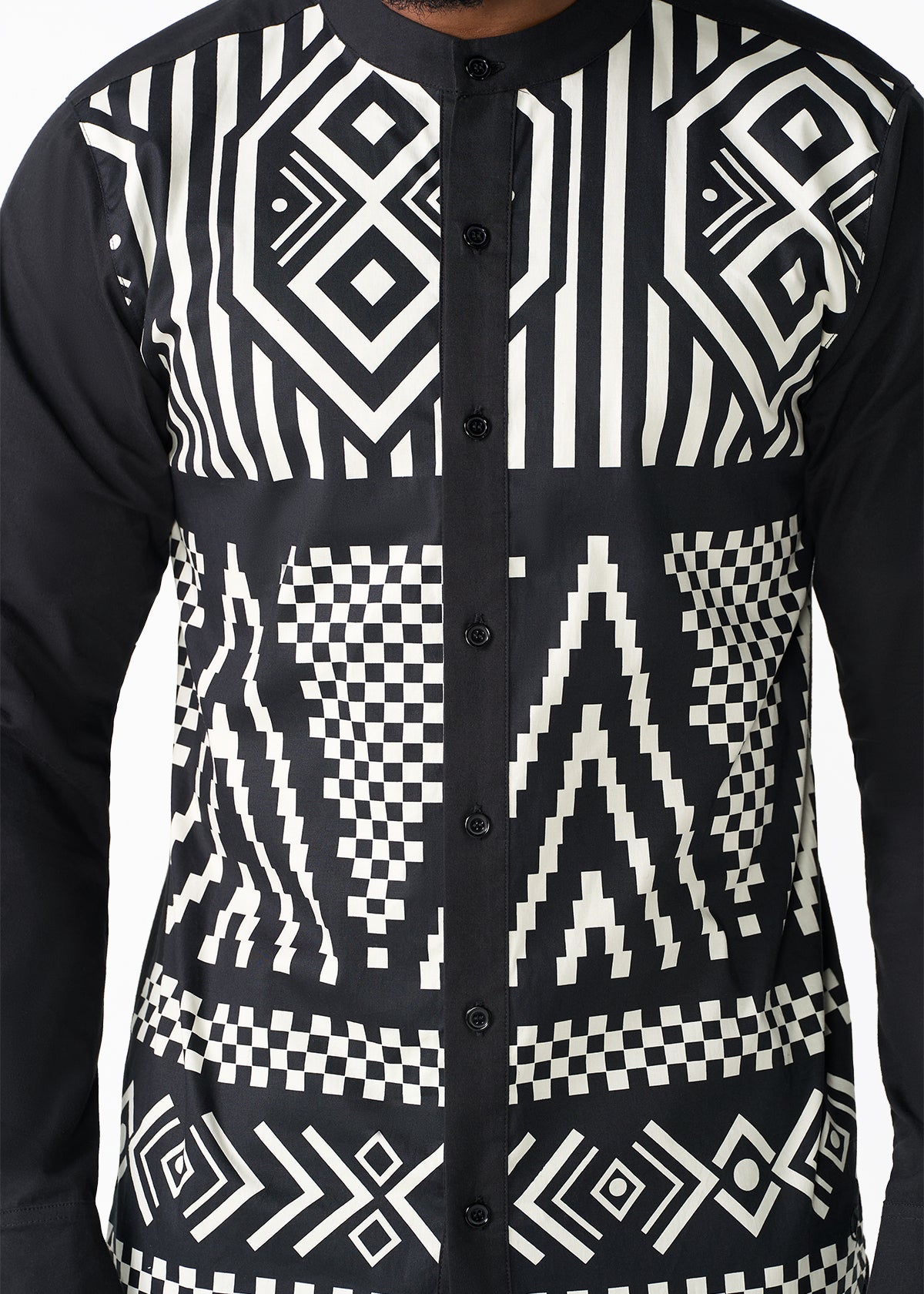 Arno Men's African Print Mandarin Button-up Shirt (Black Cream Tribal)