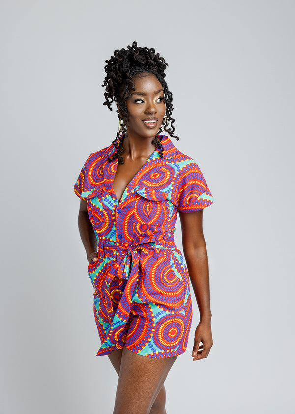 Asale Women's African Print Romper (Turquoise Red Circles)