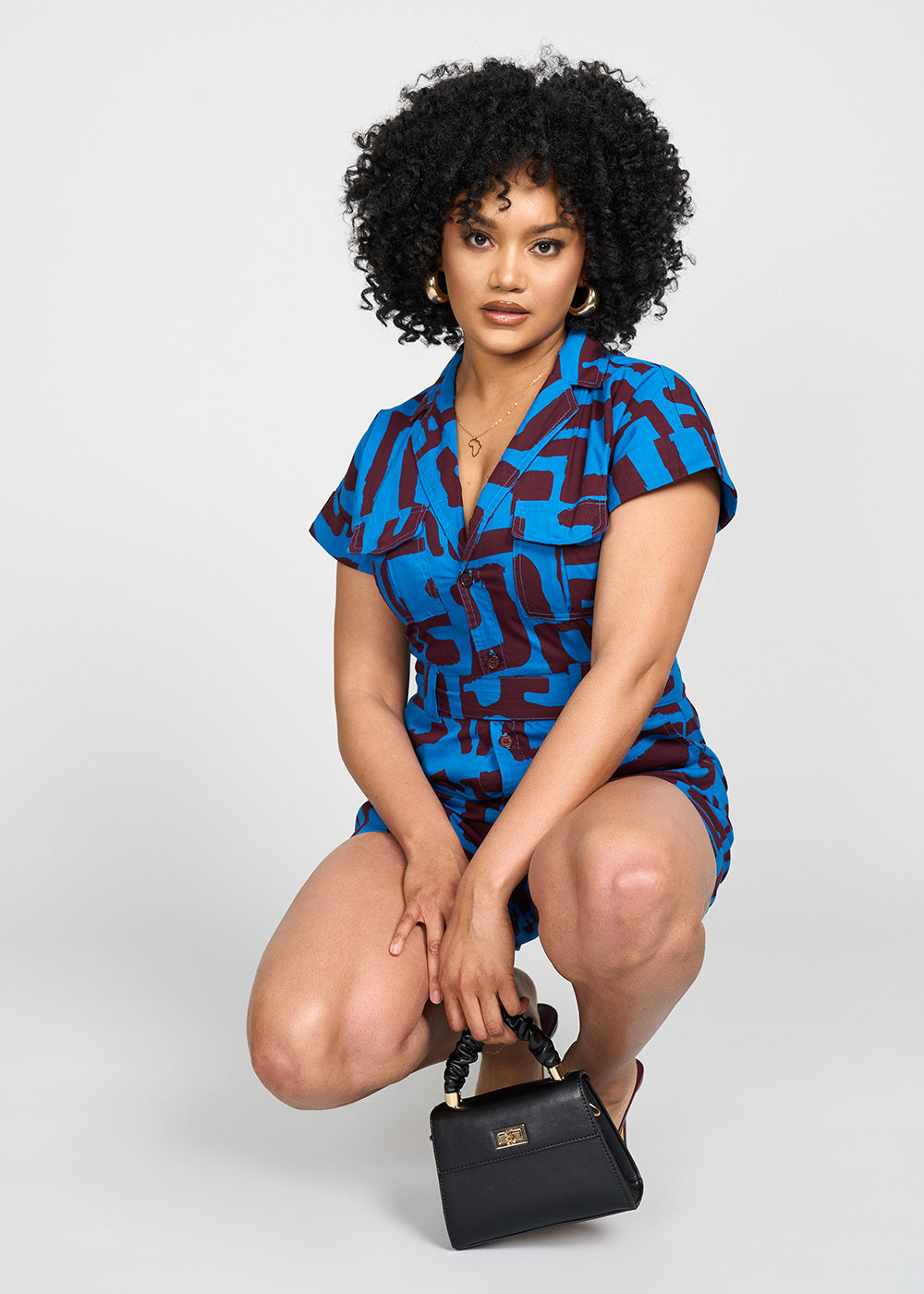 Asale Women's African Print Romper (Fig Blue Geometric)