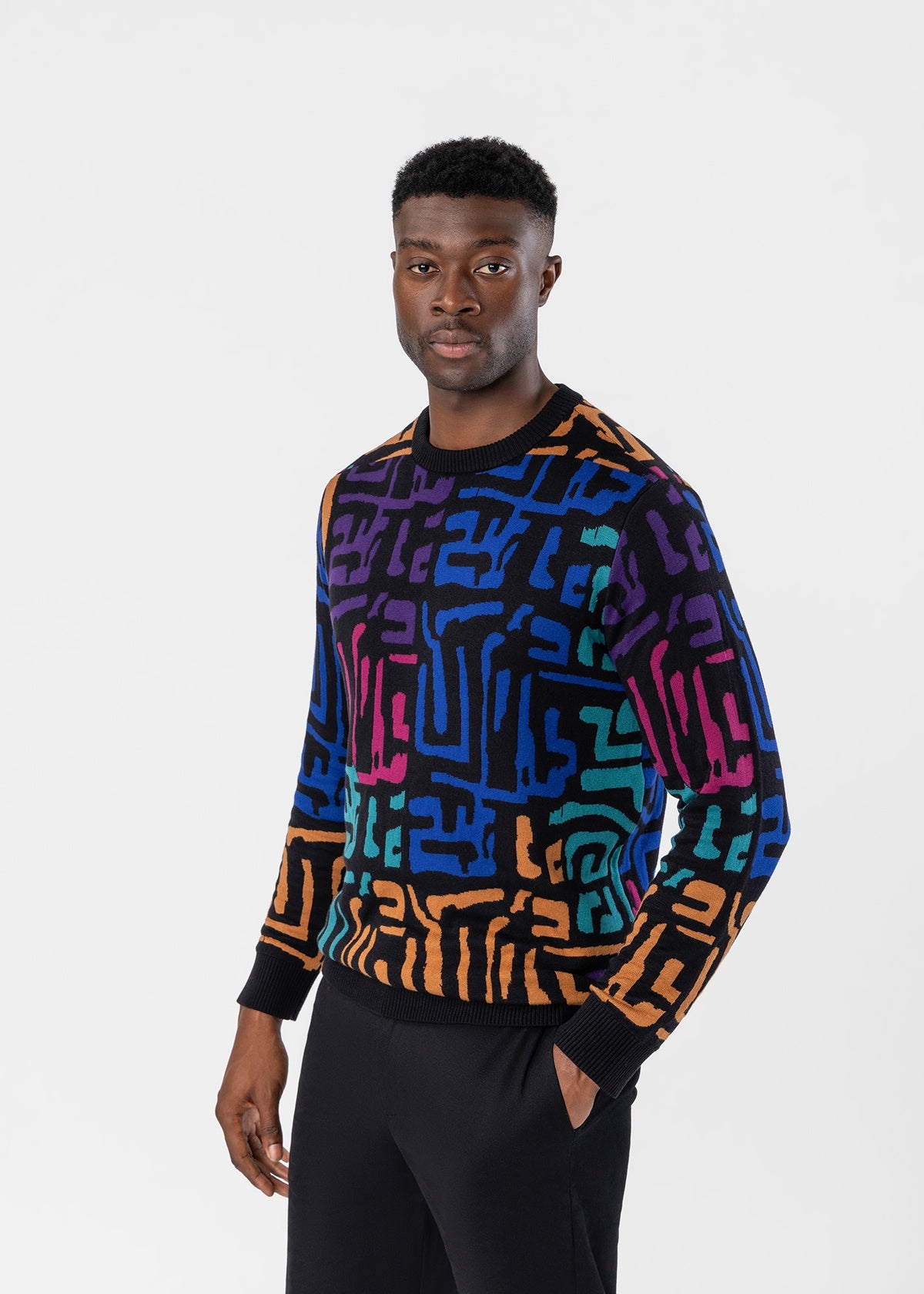 Asaye Men's African Print Crew Neck Sweater (Ebony Multi Geometric) - D'IYANU