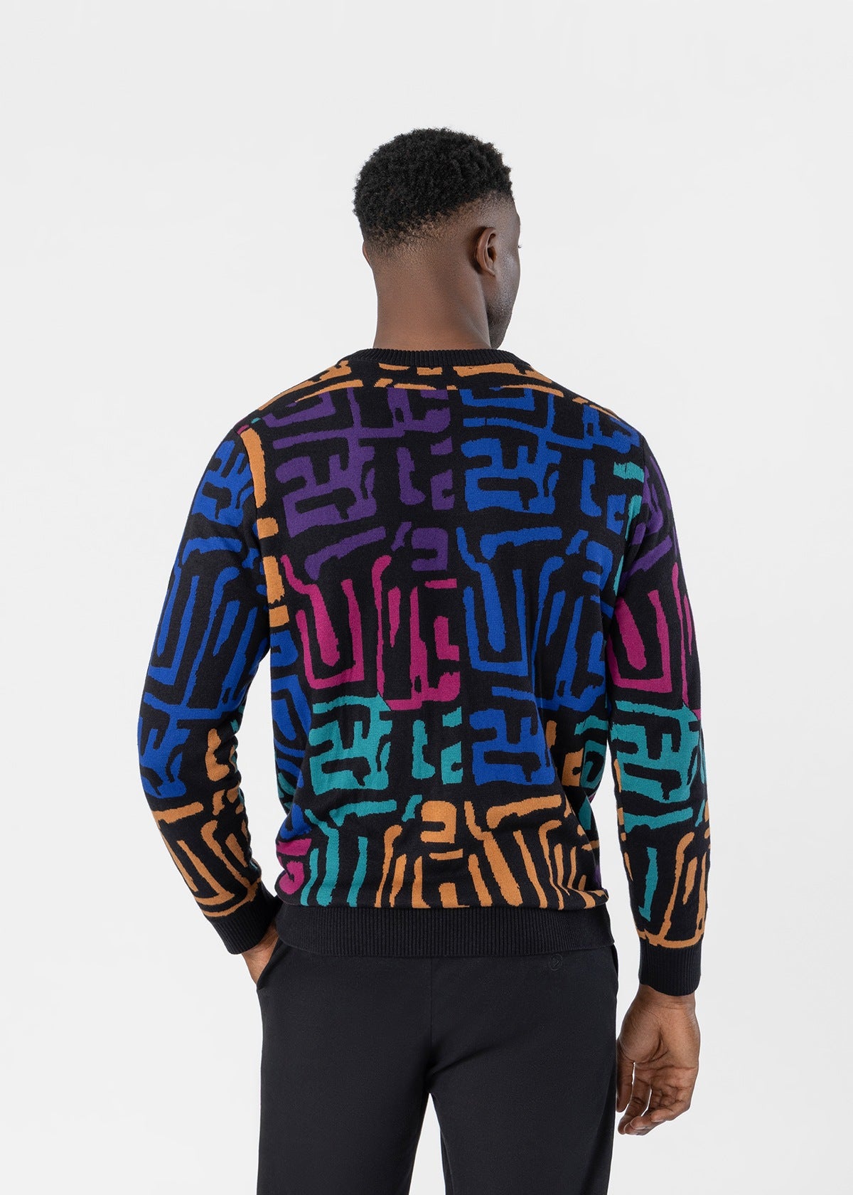 Asaye Men's African Print Crew Neck Sweater (Ebony Multi Geometric) - D'IYANU