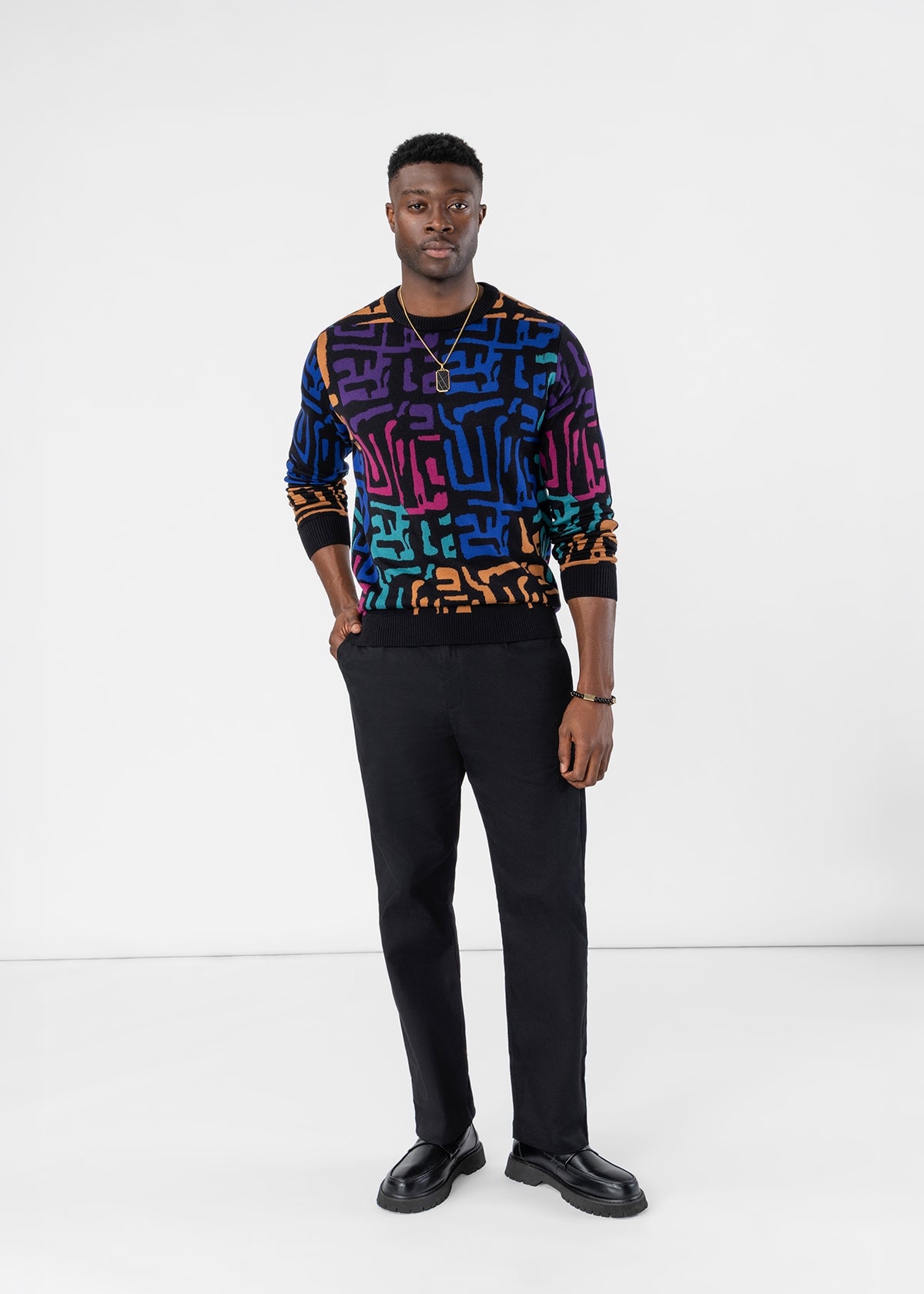 Asaye Men's African Print Crew Neck Sweater (Ebony Multi Geometric) - D'IYANU