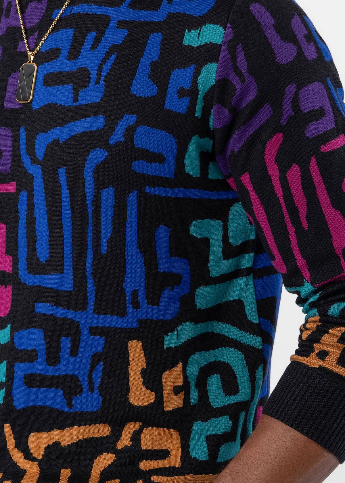 Asaye Men's African Print Crew Neck Sweater (Ebony Multi Geometric) - D'IYANU