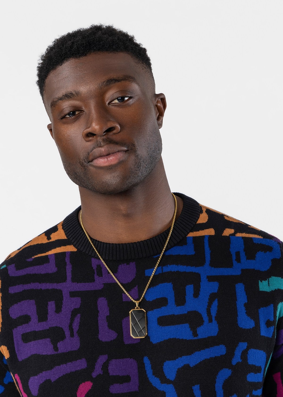 Asaye Men's African Print Crew Neck Sweater (Ebony Multi Geometric) - D'IYANU