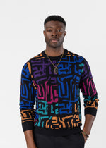 Asaye Men's African Print Crew Neck Sweater (Ebony Multi Geometric) - D'IYANU