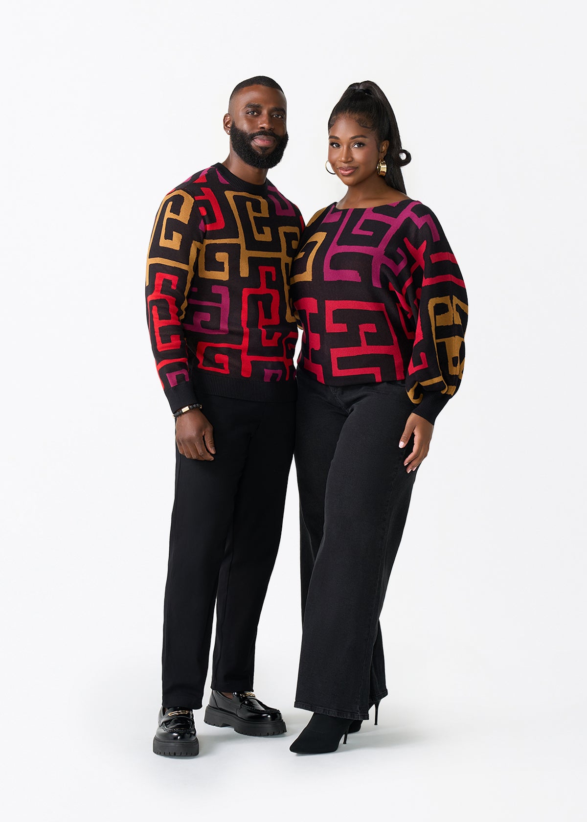 Asaye Men's African Print Crew Neck Sweater (Black Berry Kuba) - D'IYANU