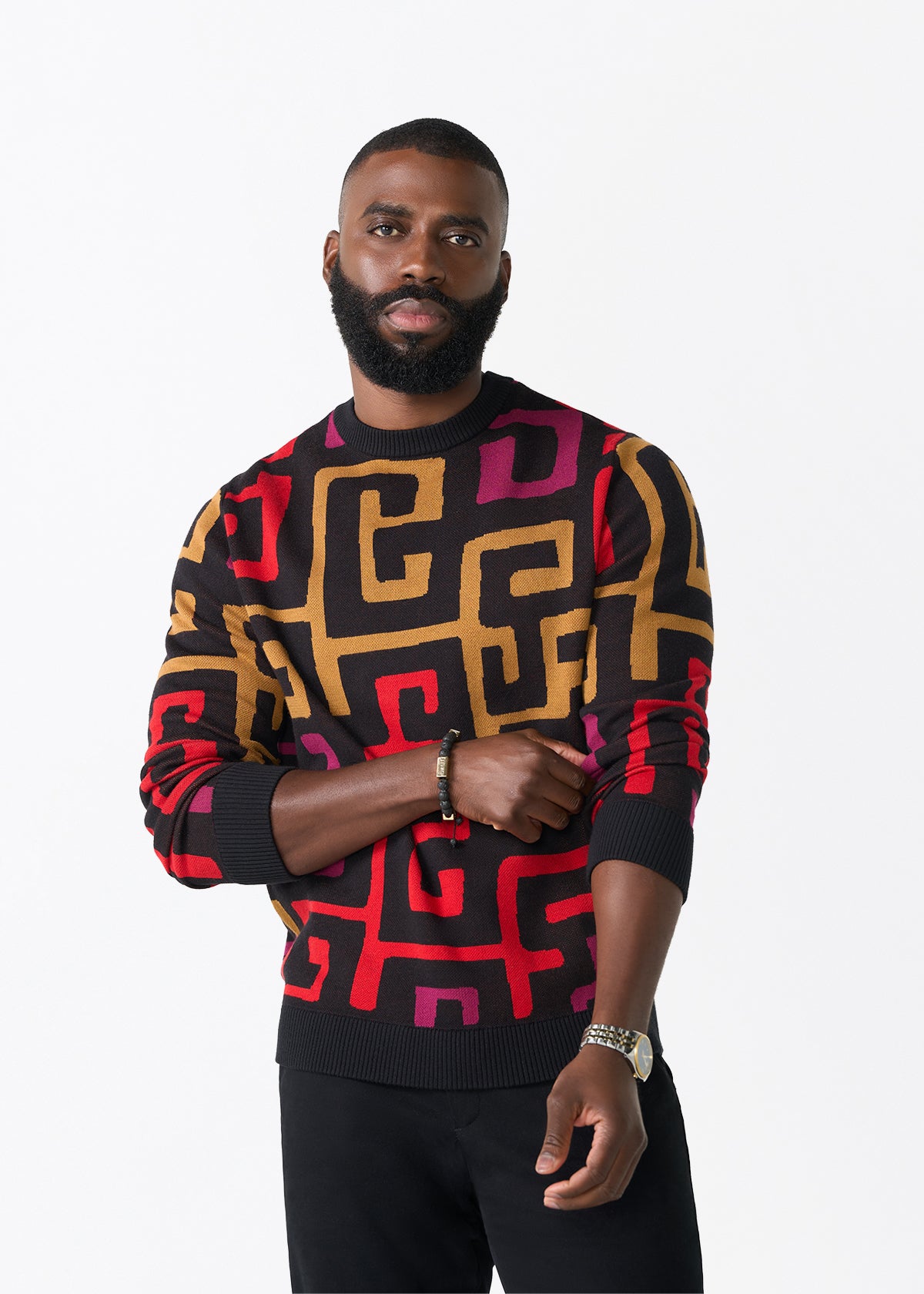 Asaye Men's African Print Crew Neck Sweater (Black Berry Kuba) - D'IYANU