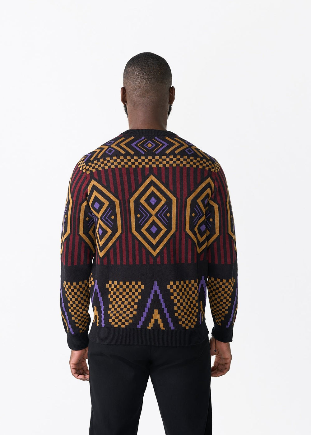 Asaye Men's African Print Crew Neck Sweater (Black Burgundy Tribal)