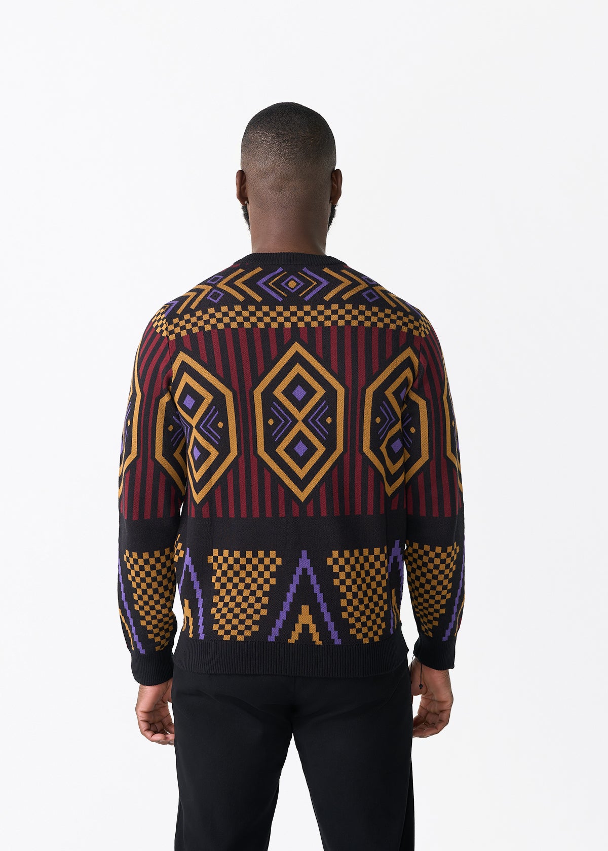 Asaye Men's African Print Crew Neck Sweater (Black Burgundy Tribal)
