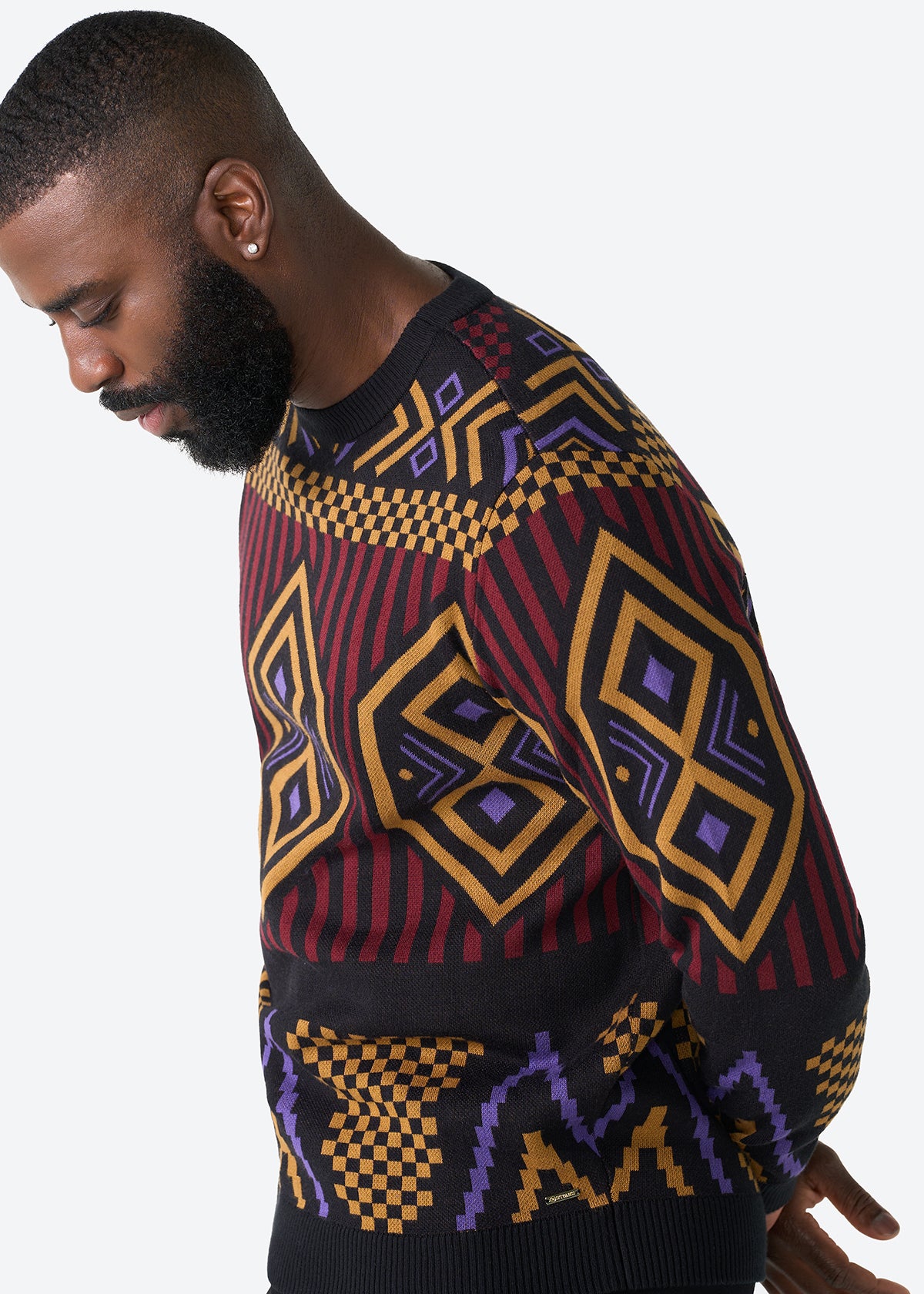Asaye Men's African Print Crew Neck Sweater (Black Burgundy Tribal)