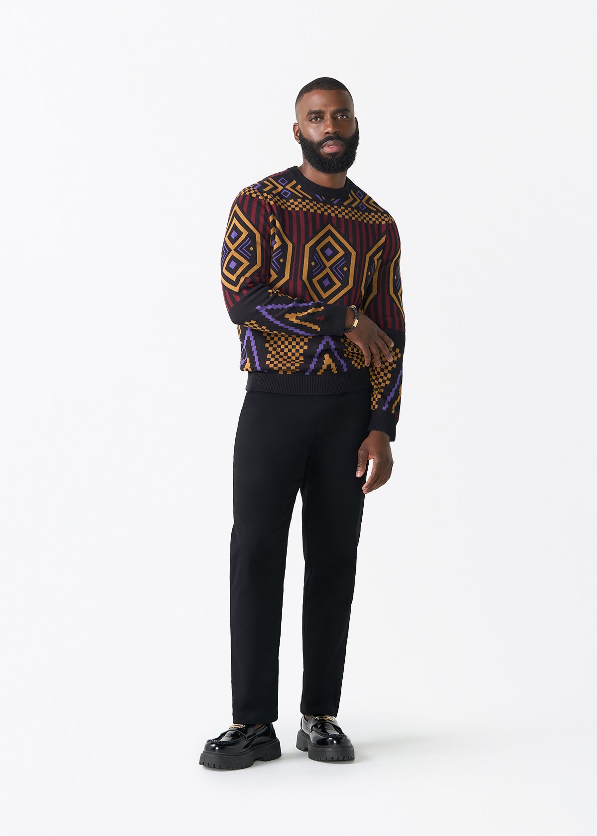 Asaye Men's African Print Crew Neck Sweater (Black Burgundy Tribal)