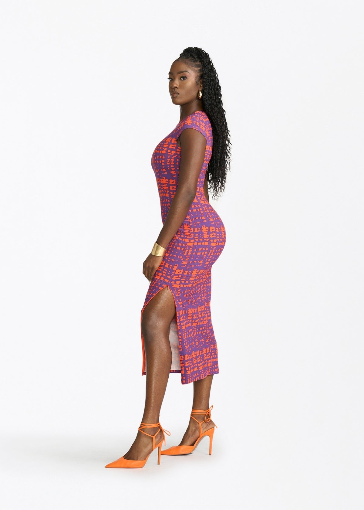 Ashantee Women's Cap Sleeve African Print Stretch Tunic Dress (Purple Tangerine Adire) - D'IYANU