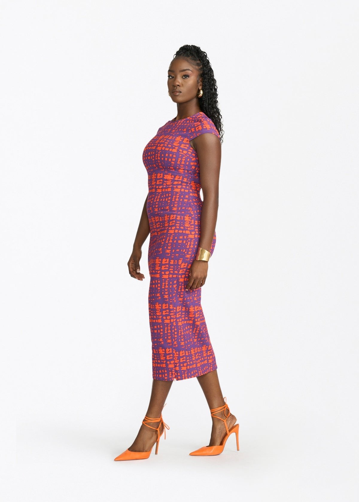 Ashantee Women's Cap Sleeve African Print Stretch Tunic Dress (Purple Tangerine Adire) - D'IYANU