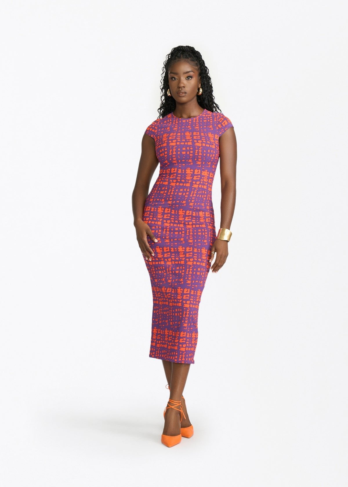 Ashantee Women's Cap Sleeve African Print Stretch Tunic Dress (Purple Tangerine Adire) - D'IYANU