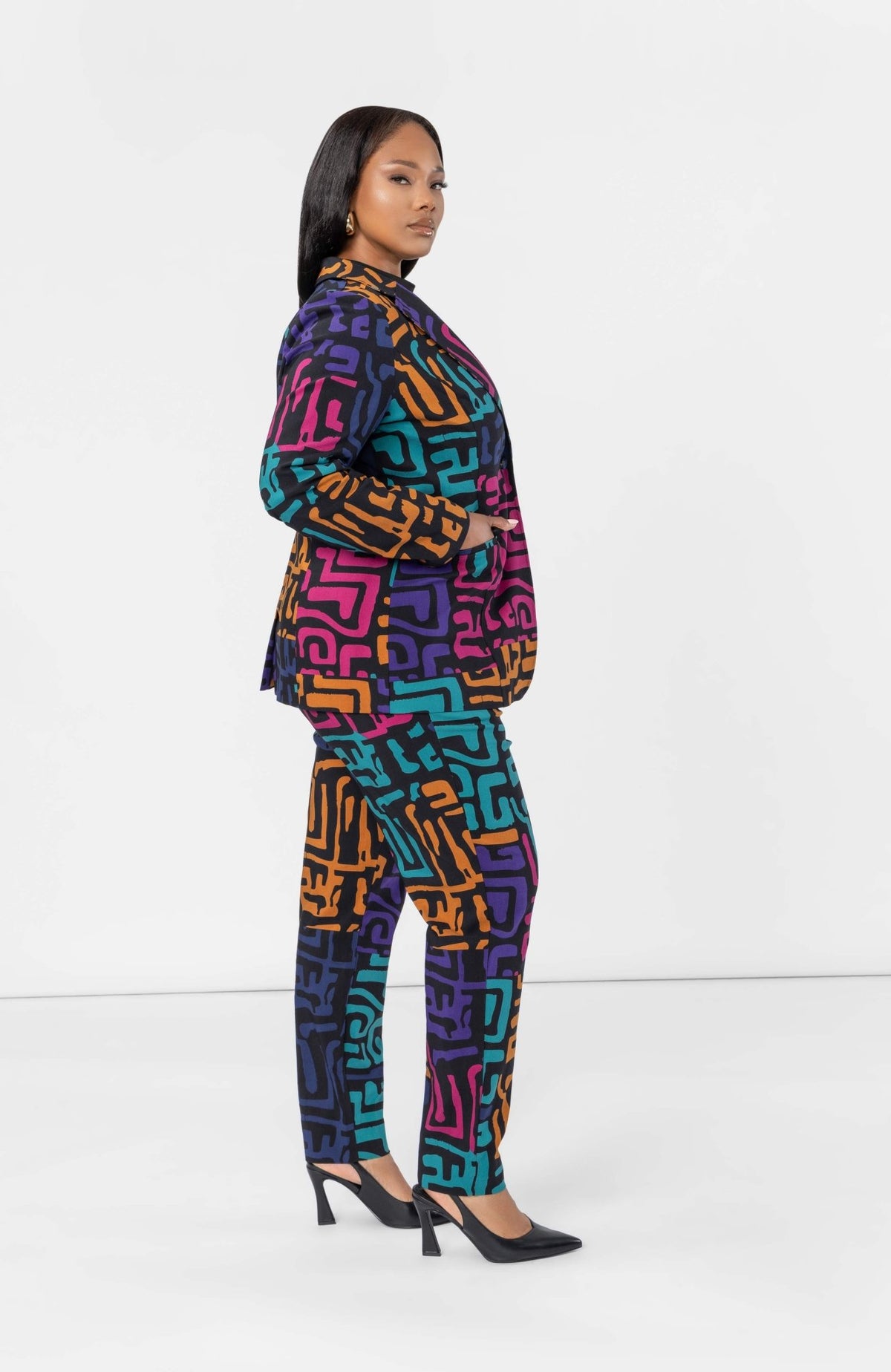 Asra Women's African Print Curved hem Blazer (Ebony Multi Geometric) - D'IYANU