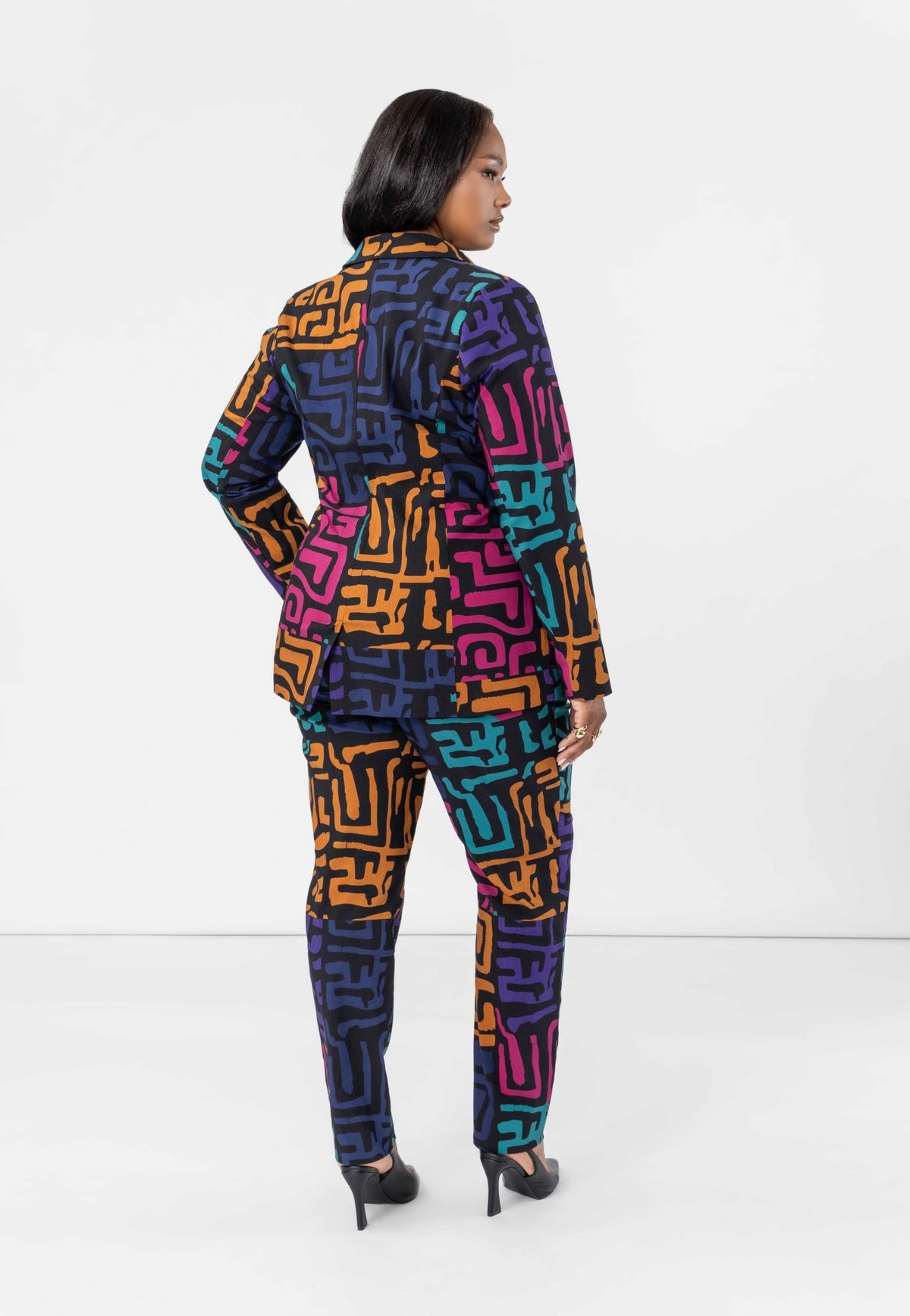 Asra Women's African Print Curved hem Blazer (Ebony Multi Geometric) - D'IYANU