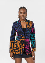 Asra Women's African Print Curved hem Blazer (Ebony Multi Geometric) - D'IYANU