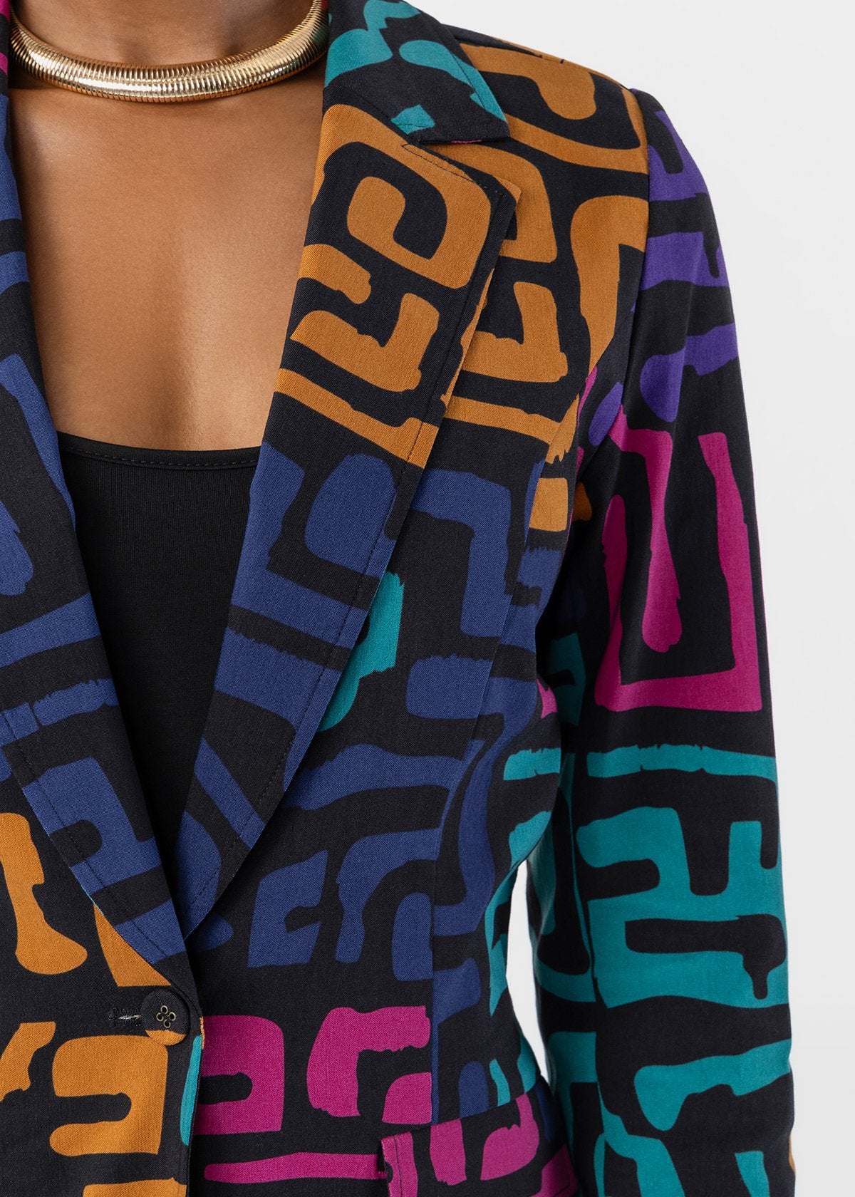 Asra Women's African Print Curved hem Blazer (Ebony Multi Geometric) - D'IYANU
