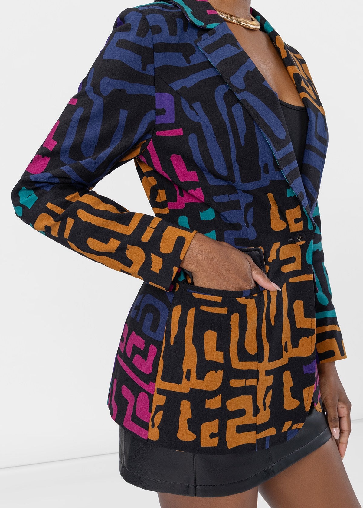 Asra Women's African Print Curved hem Blazer (Ebony Multi Geometric) - D'IYANU