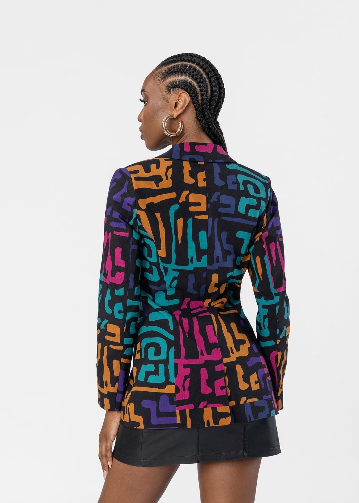 Asra Women's African Print Curved hem Blazer (Ebony Multi Geometric) - D'IYANU