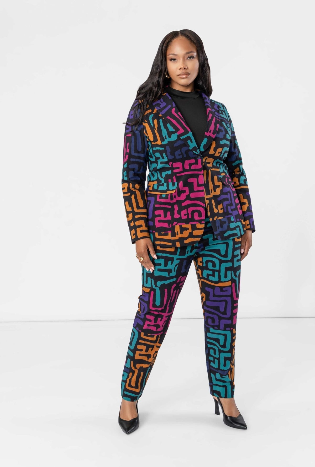 Asra Women's African Print Curved hem Blazer (Ebony Multi Geometric) - D'IYANU