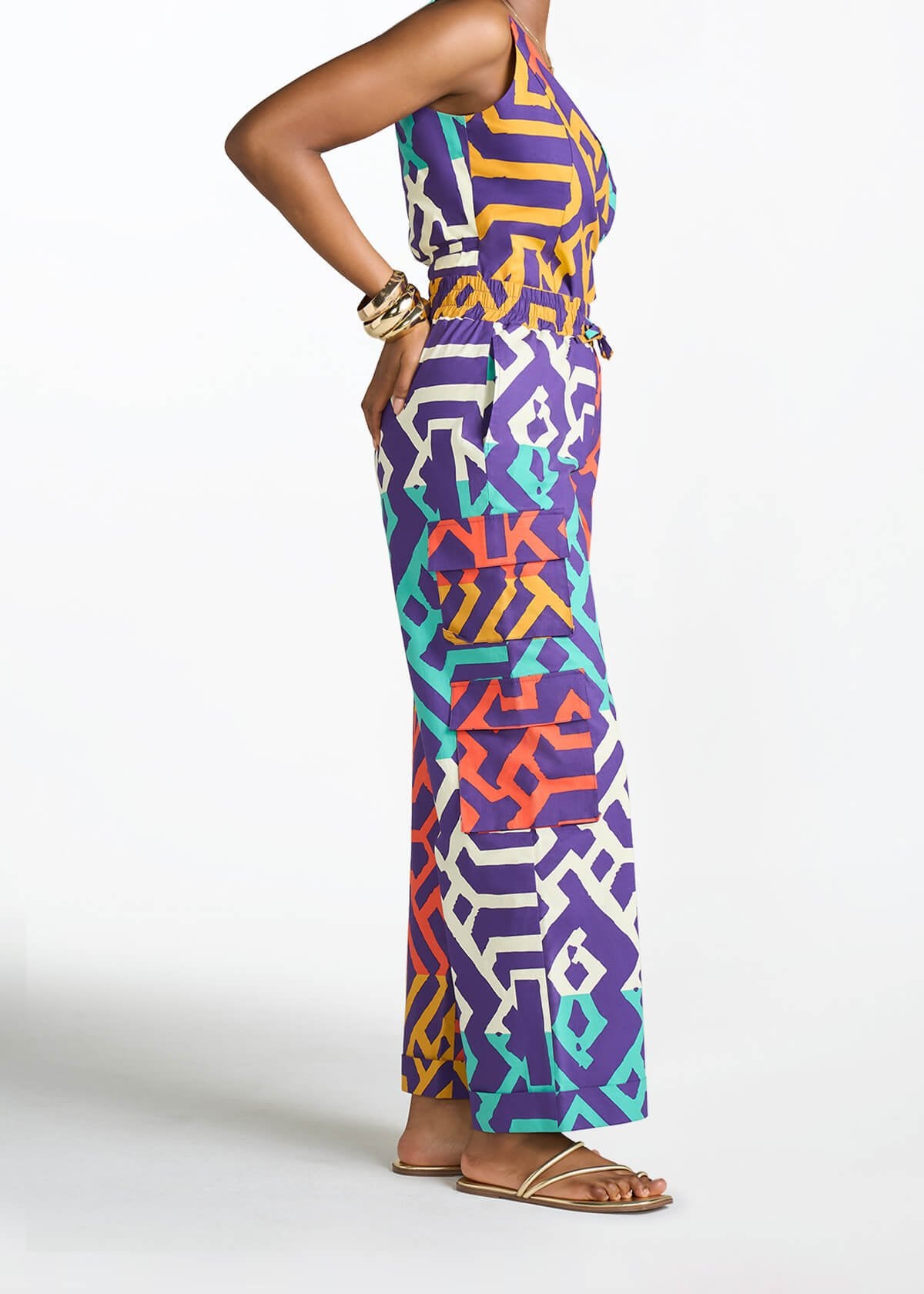 Ayoka Women's African Print Twill Cargo Pants (Purple Multicolor Tribal) - D'IYANU