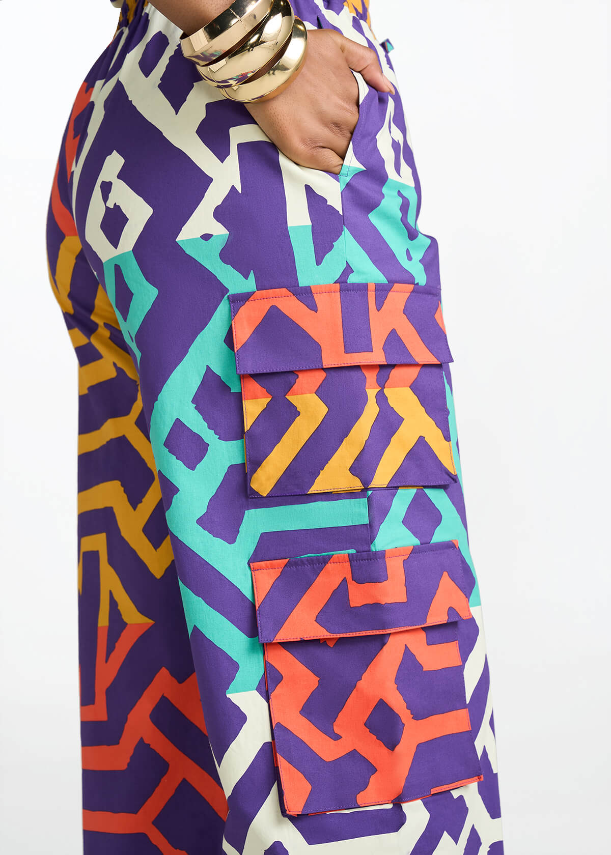 Ayoka Women's African Print Twill Cargo Pants (Purple Multicolor Tribal) - D'IYANU