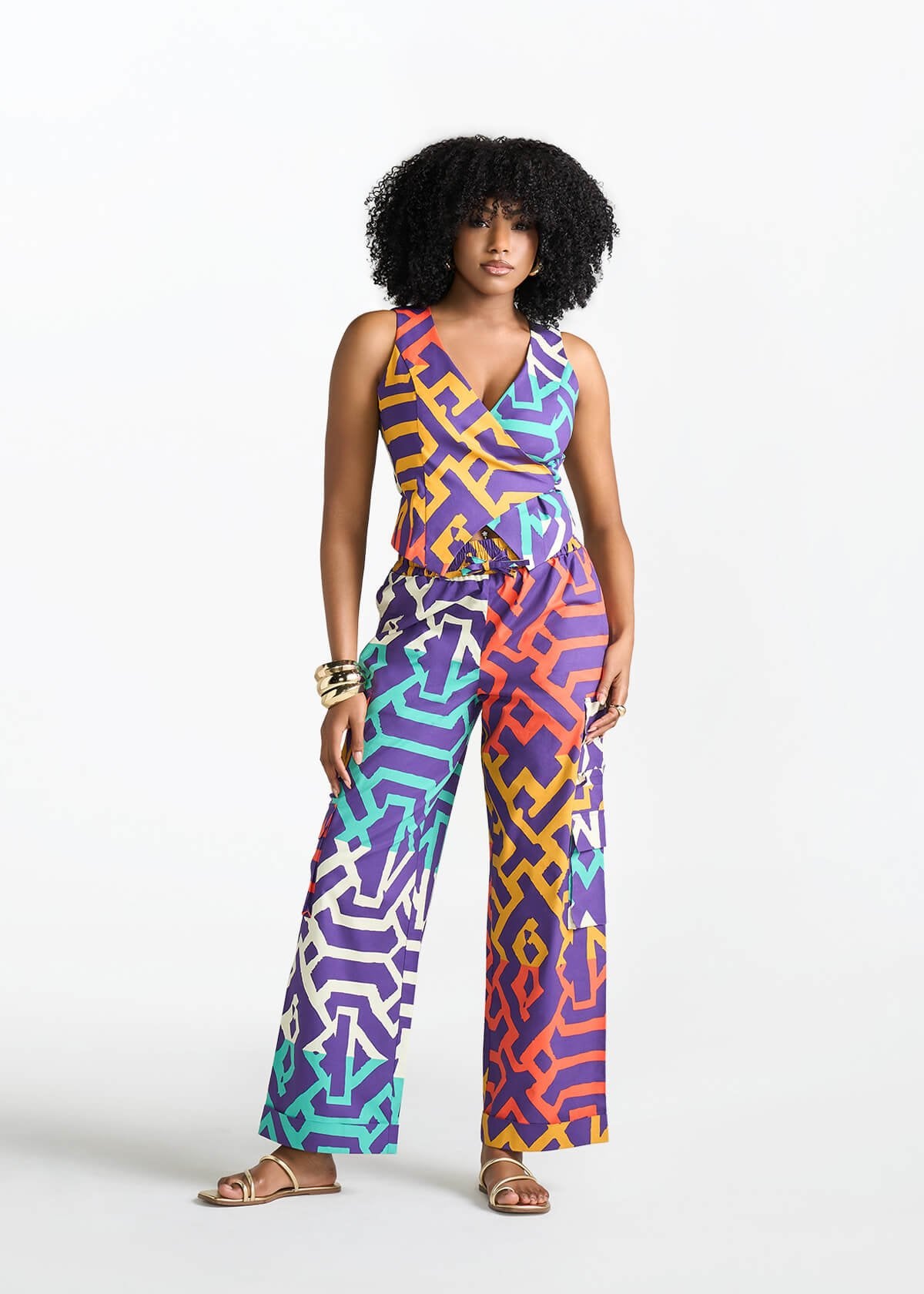 Ayoka Women's African Print Twill Cargo Pants (Purple Multicolor Tribal) - D'IYANU