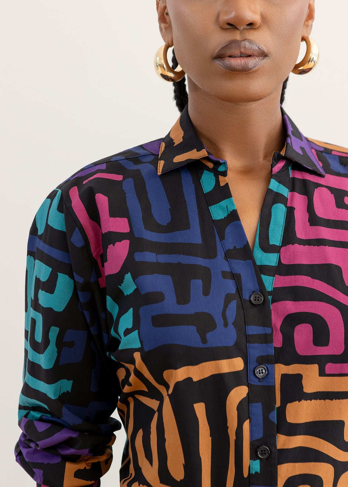 Ayoola Women's African Print Tie Back Button-Up Top (Ebony Multi Geometric) - D'IYANU