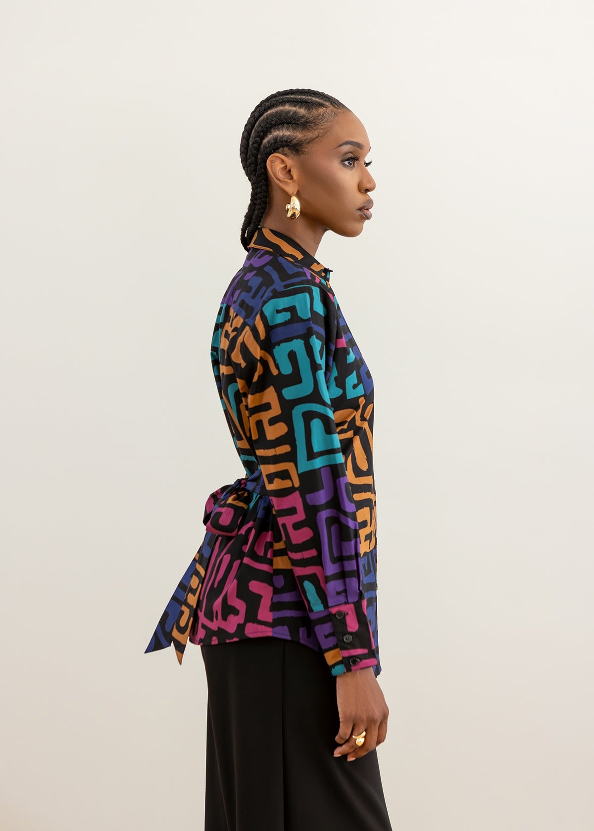 Ayoola Women's African Print Tie Back Button-Up Top (Ebony Multi Geometric) - D'IYANU