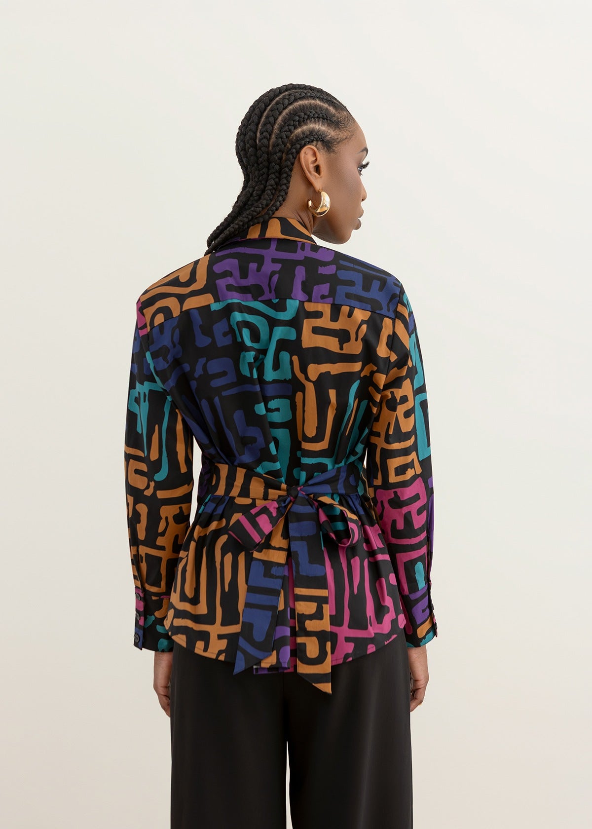 Ayoola Women's African Print Tie Back Button-Up Top (Ebony Multi Geometric) - D'IYANU