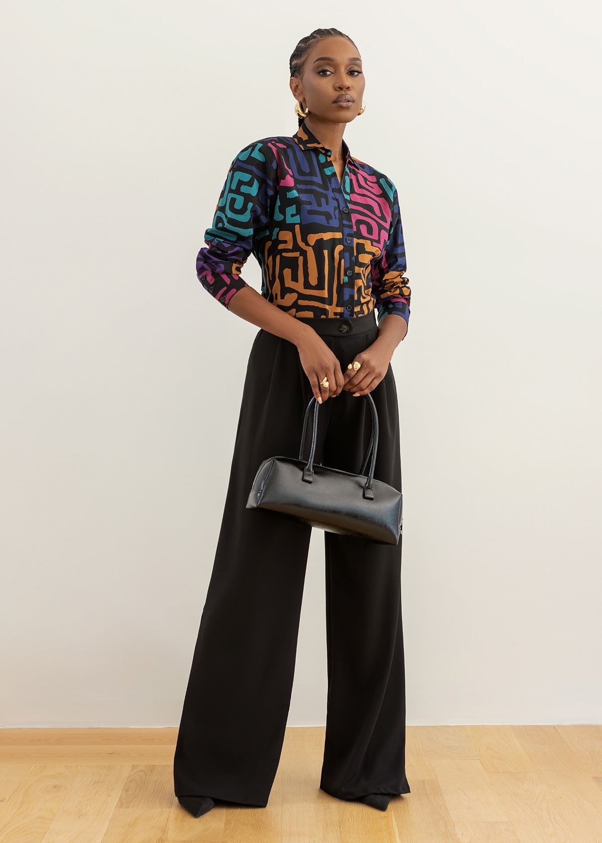 Ayoola Women's African Print Tie Back Button-Up Top (Ebony Multi Geometric) - D'IYANU