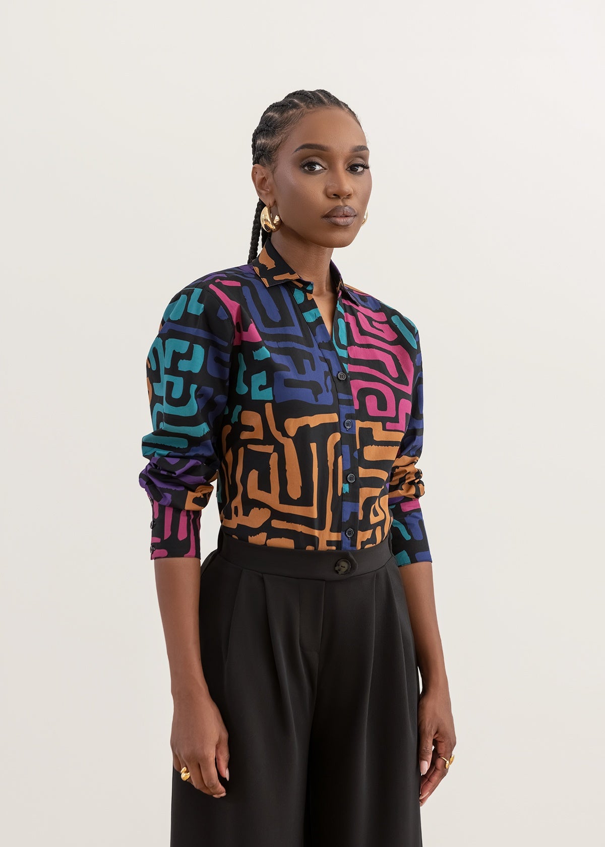 Ayoola Women's African Print Tie Back Button-Up Top (Ebony Multi Geometric) - D'IYANU