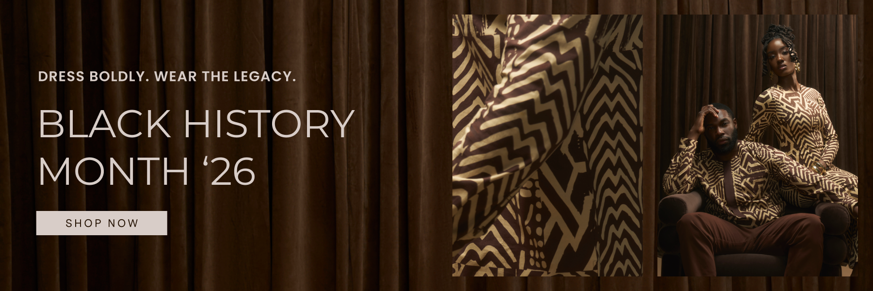 Promotional banner for Black History Month '26 with zebra print fabric and a woman in a patterned dress.